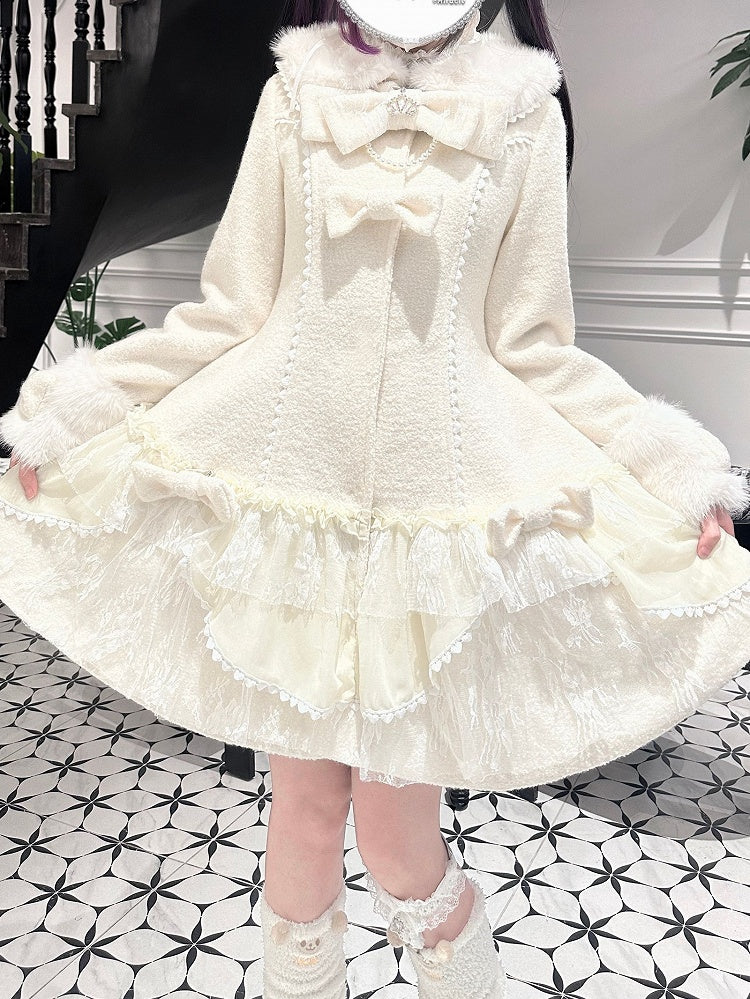 Jirai Kei Pink / Beige Mid-Length Padded Coat with Plush Accents and Sweet Lace Trim