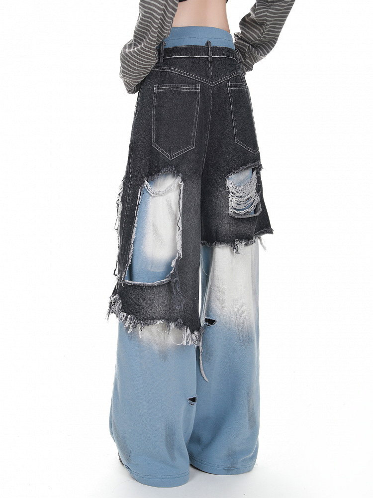 with Pants Jeans Two-Piece Waist Faux Drawstring Blue Patched Distressed