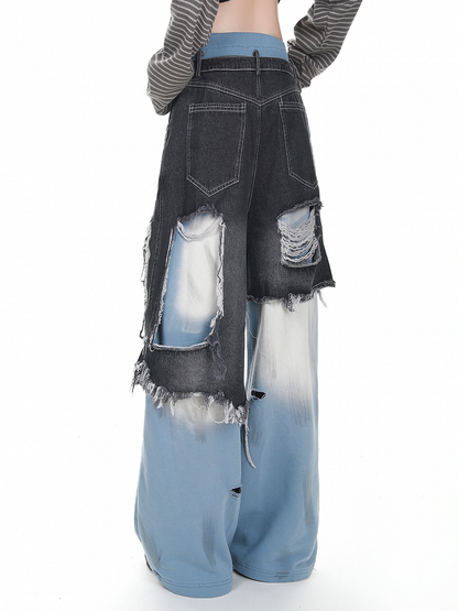 with Pants Jeans Two-Piece Waist Faux Drawstring Blue Patched Distressed