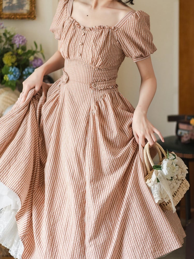 Neckline Fabric Fashion Retro Sleeves Orange Vintage Striped Puff Square Dress