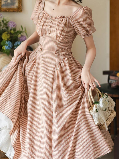 Neckline Fabric Fashion Retro Sleeves Orange Vintage Striped Puff Square Dress