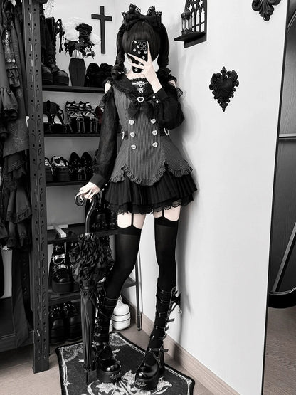 Striped Jirai Kei Two-Piece Set with Sailor Collar Cutout Shoulder Pleated Dress and Shorts in Black - Broken Bear