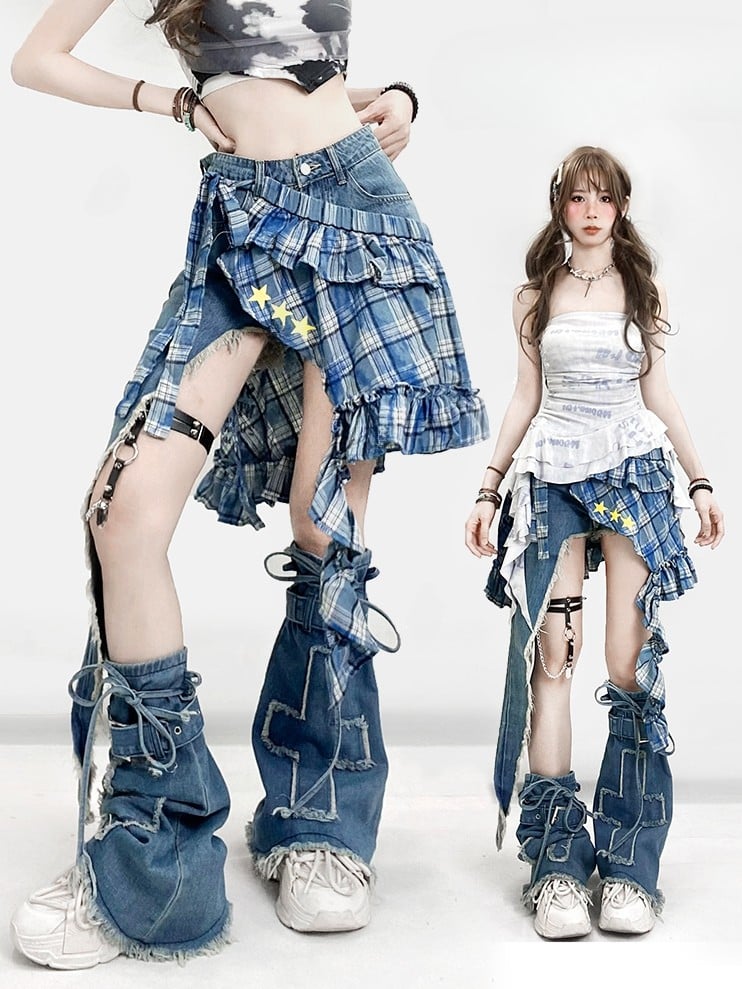 Stulpen + Shorts mit blauem Aufdruck am Saum, glamouröses Muster, bittersüßes asymmetrisches Stern-Set – karierter Applikationsrock, Beinkreuz