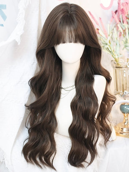 Gewellte Taille 65–70 cm, schwarze Länge, Luftperücke, Tee mit Pony