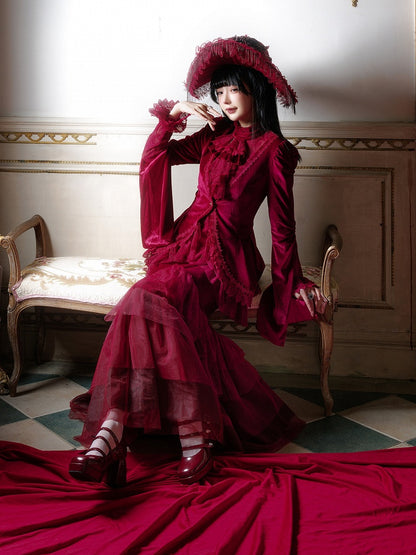 Embroidered Lace Blouse with Velvet V-Neck Coat and Layered Mermaid Skirt - DevilInspired Exclusive Collection