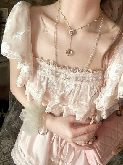 Volant mit Sakura-Rosa Chiffon-Overlay-Top mit floraler bestickter Spitze