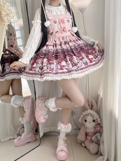 and Sweet Bear Lolita Print + Dress Big Bow Cake Overall Pink Train