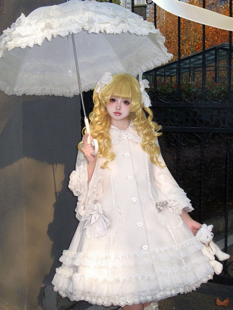 Ruffled Accents Lace Bow Details Sweet and Winter Lolita Coat Beige with
