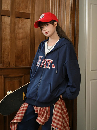 Red Navy Blue Zip-up Hoodie with Detachable Kitty Plushie Plaid Embroidery Applique