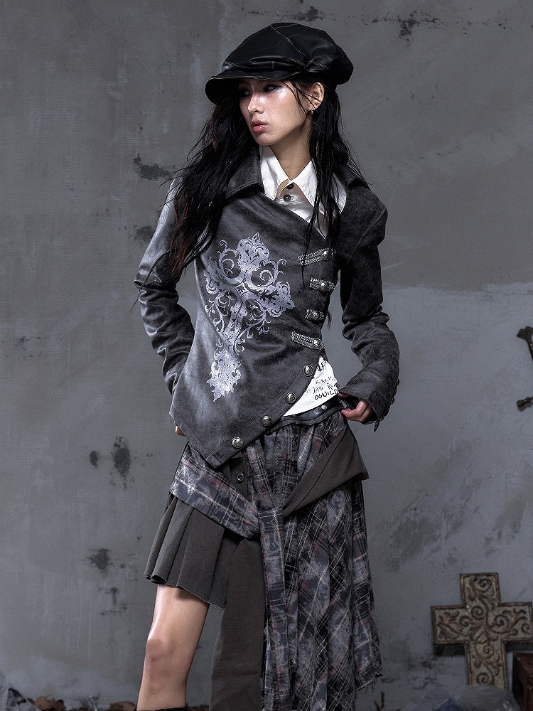Gray-Brown Vintage with Jacket Cross Dark Punk Street Print Placket Asymmetrical Button