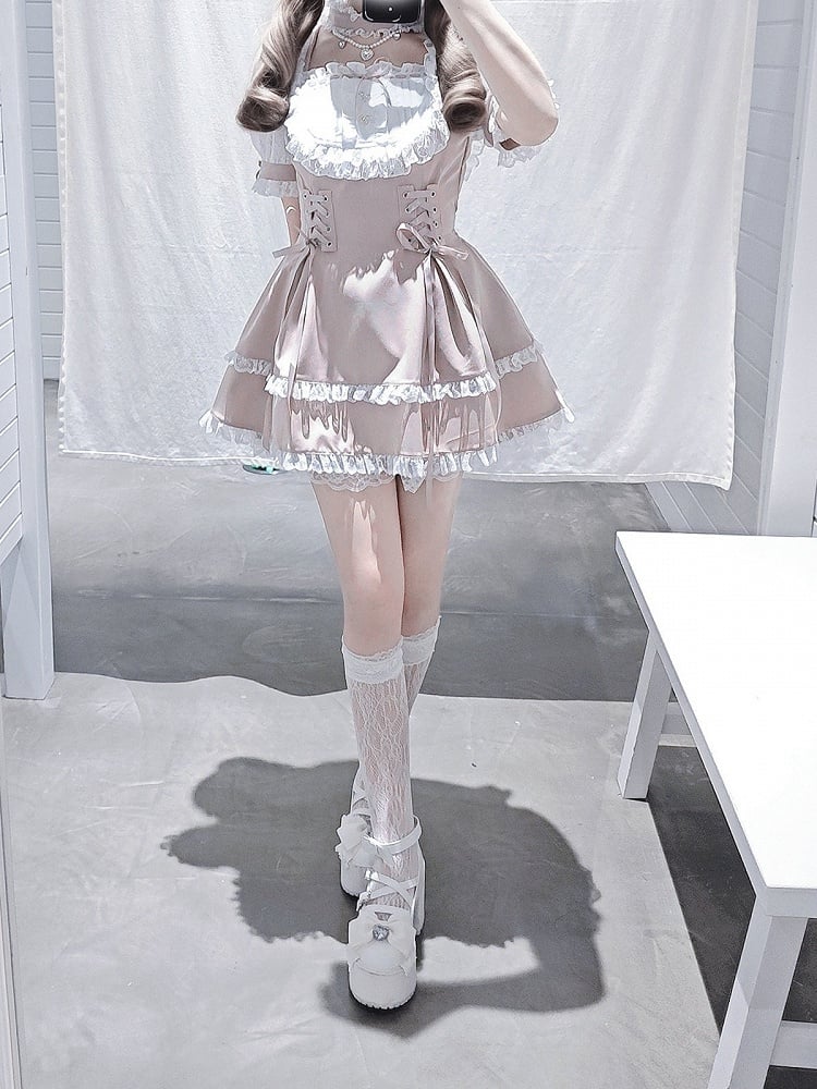 Ryousangata Choker Trim Design White With Sleeve Matching Dress - Bead Fashion Two-Piece Short + Chain Set Shorts Lace Pink