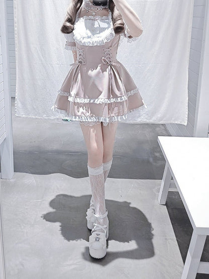 Ryousangata Choker Trim Design White With Sleeve Matching Dress - Bead Fashion Two-Piece Short + Chain Set Shorts Lace Pink