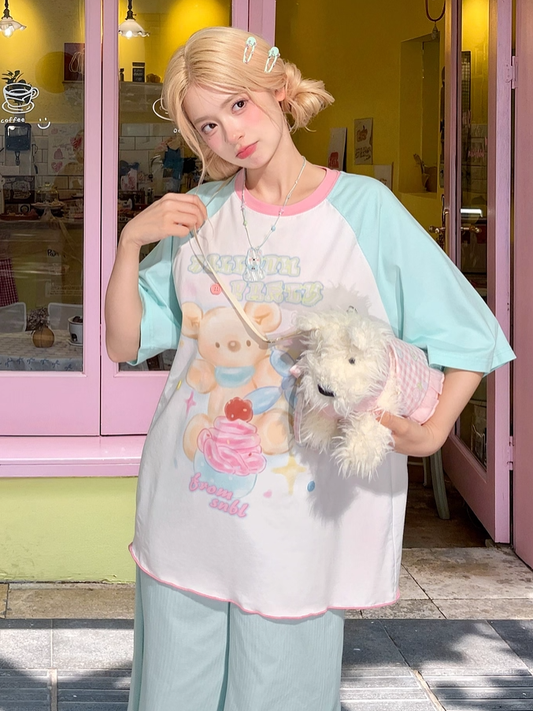 Loose Mint Blue Colorblock Design T-shirt Cute Bear Print