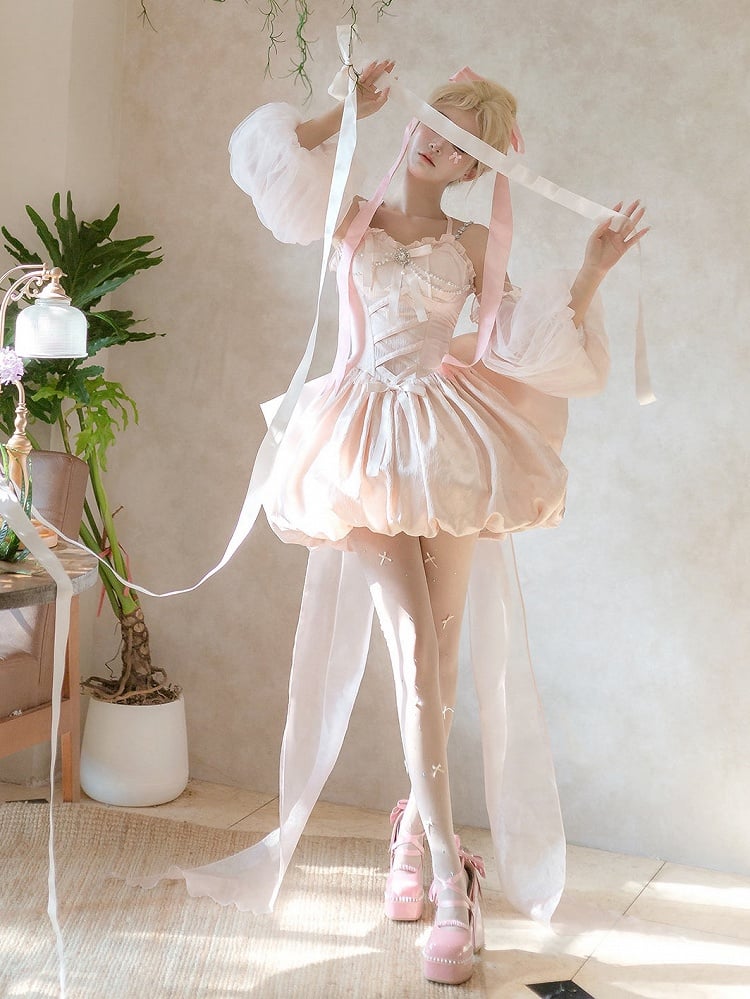 Princess Pink Bow Jacquard Ballet Train Dress + Big Sleeves Lolita Tulle Puff
