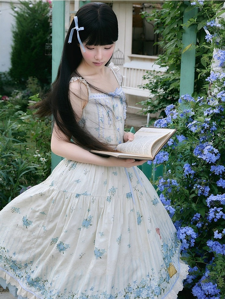 Sweet Lolita Style Summer JSK Dress with Lace & Blue Floral Print - Rock Candy Box
