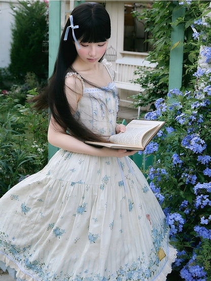 Sweet Lolita Style Summer JSK Dress with Lace & Blue Floral Print - Rock Candy Box