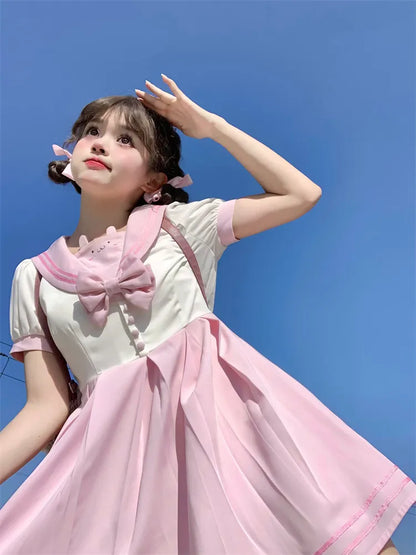 Pleat Bowknot Ears Bunny Collar Sailor Dress Pink Cute and White Box Skirt