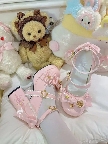 Star Hime Mary with Key Lolita Bow Shoes Fastener Decor Pink Top Jane