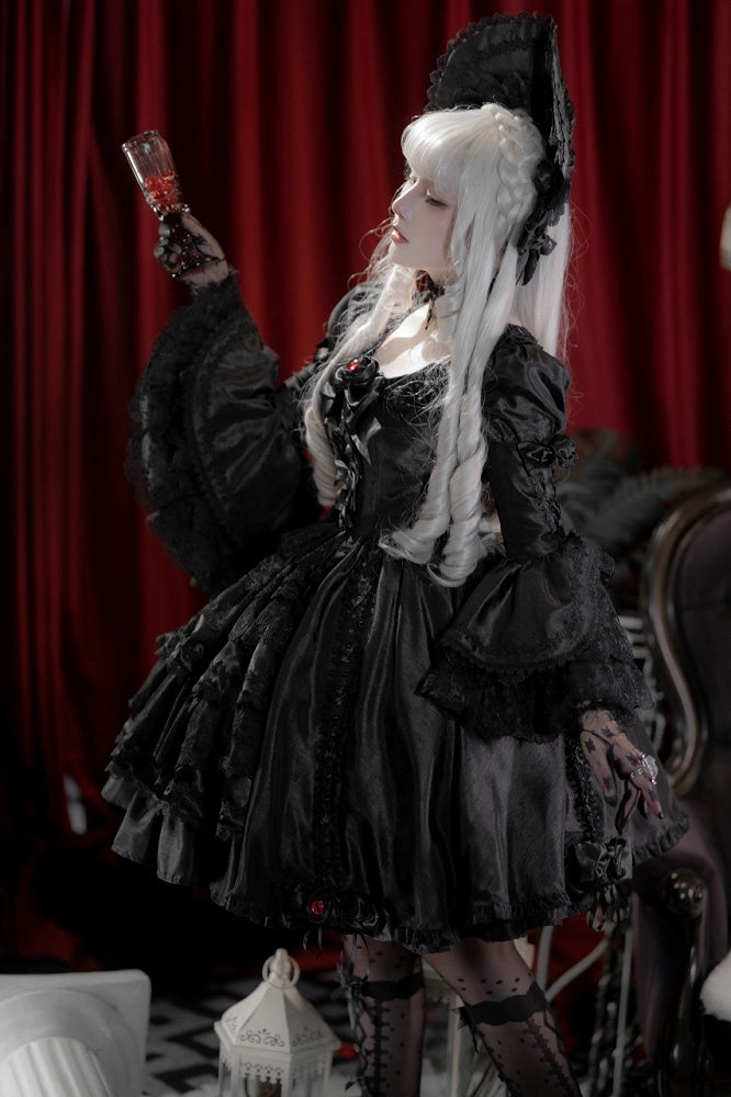 Kuro Drawstring Dress Bell Sleeves Skirt Gothic Black Bowknot Lolita Details and Layered