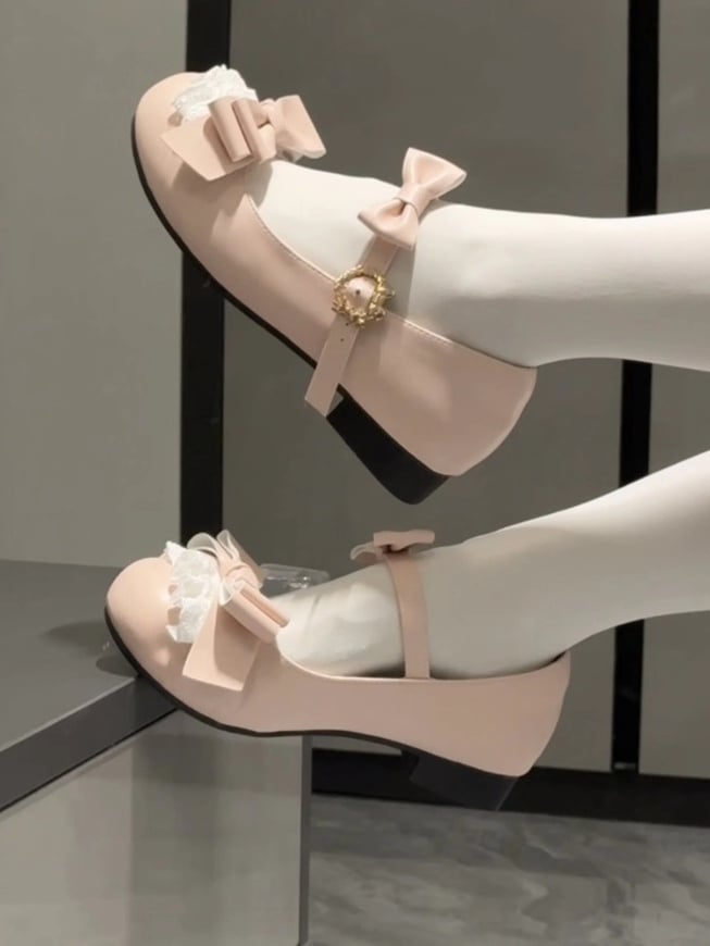 Low-heel/Mid-heel Accents Sweet Delicate Bow Lace Mary Pink Lolita Shoes in Jane