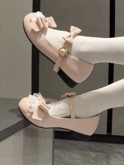 Low-heel/Mid-heel Accents Sweet Delicate Bow Lace Mary Pink Lolita Shoes in Jane
