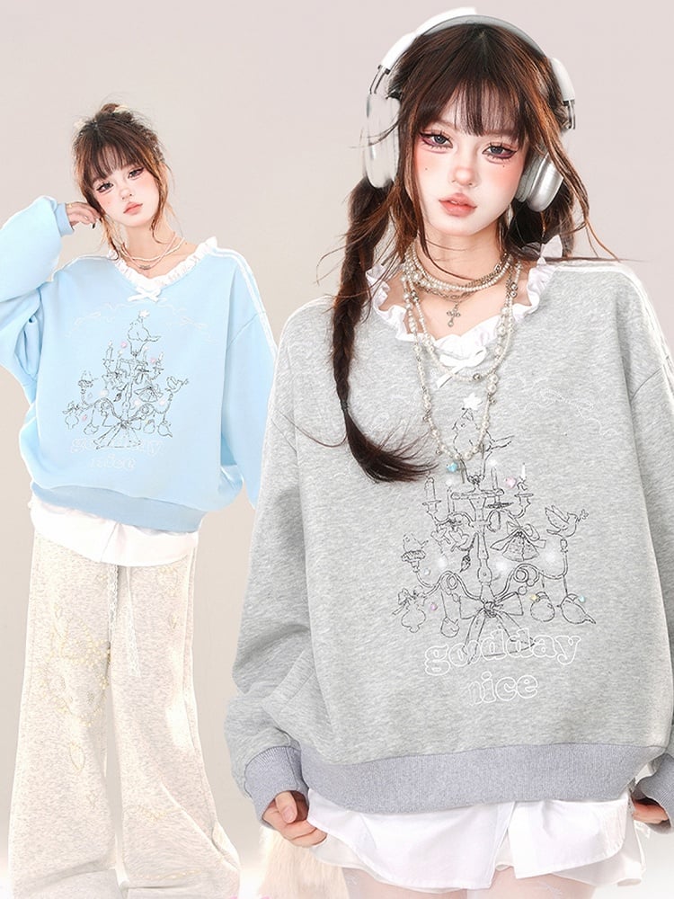 Grey/Blue Lampstand Print Ruffle Trim V-neck Sweatshirt