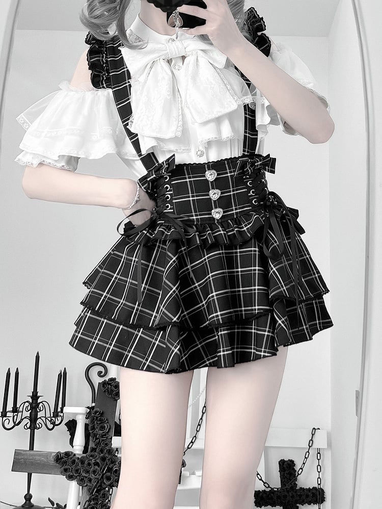 Skirt:Black Kei Plaid Straps Suspender High-Waistwith Detachable Convertible Jirai