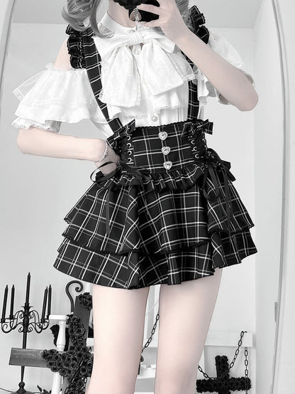 Skirt:Black Kei Plaid Straps Suspender High-Waistwith Detachable Convertible Jirai