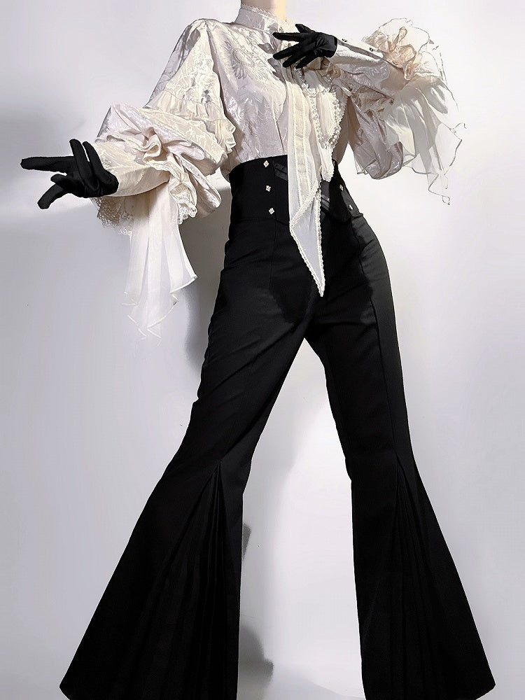 Beige Long Sleeves Jacquard Ouji Style Shirt with Rose and Bead Chains + Black High Waisted Flared Pants Set - Unknown Star