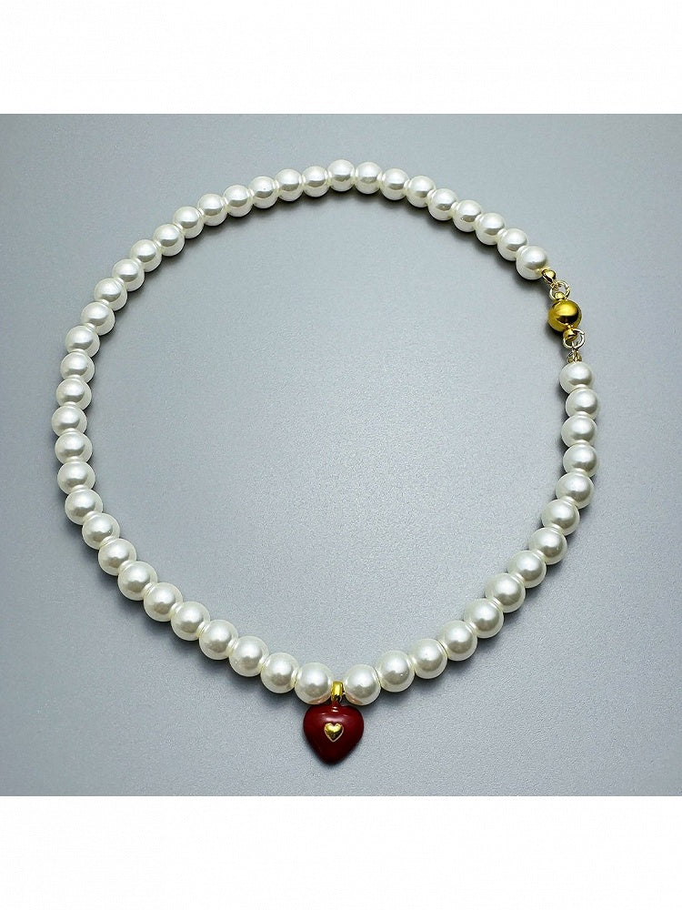 Red Heart Pendant Necklace with White Pearls - YSHXS