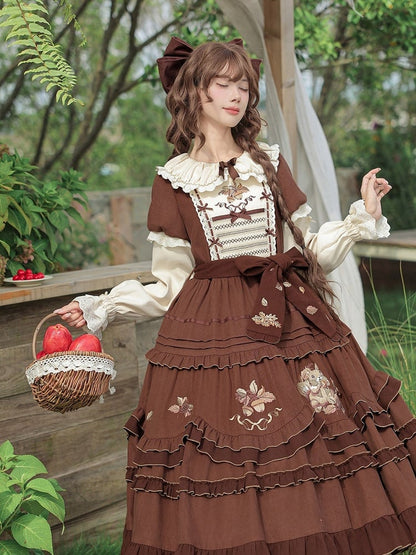 Brown Acorn & Squirrel Embroidered Lolita OP Dress with Peter Pan Collar, Ruffles, Belt, Brooch & Bow Hairclip - With PUJI
