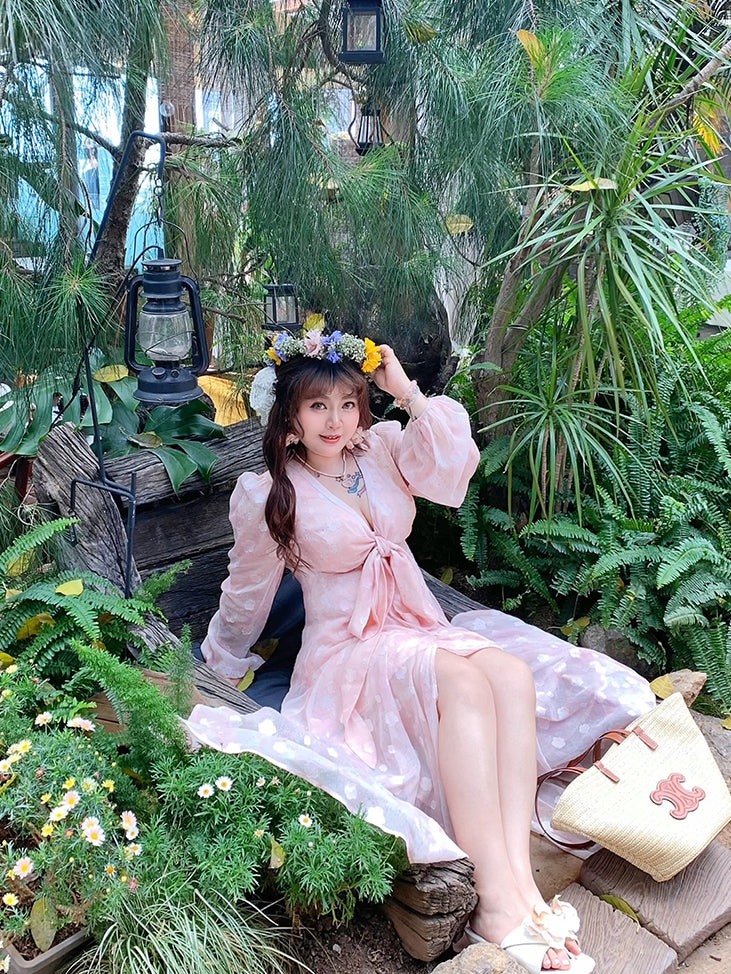 Kleid Rosa Pfirsichblütendruck Urlaub Übergröße Selbstbinden Schleife Vorne