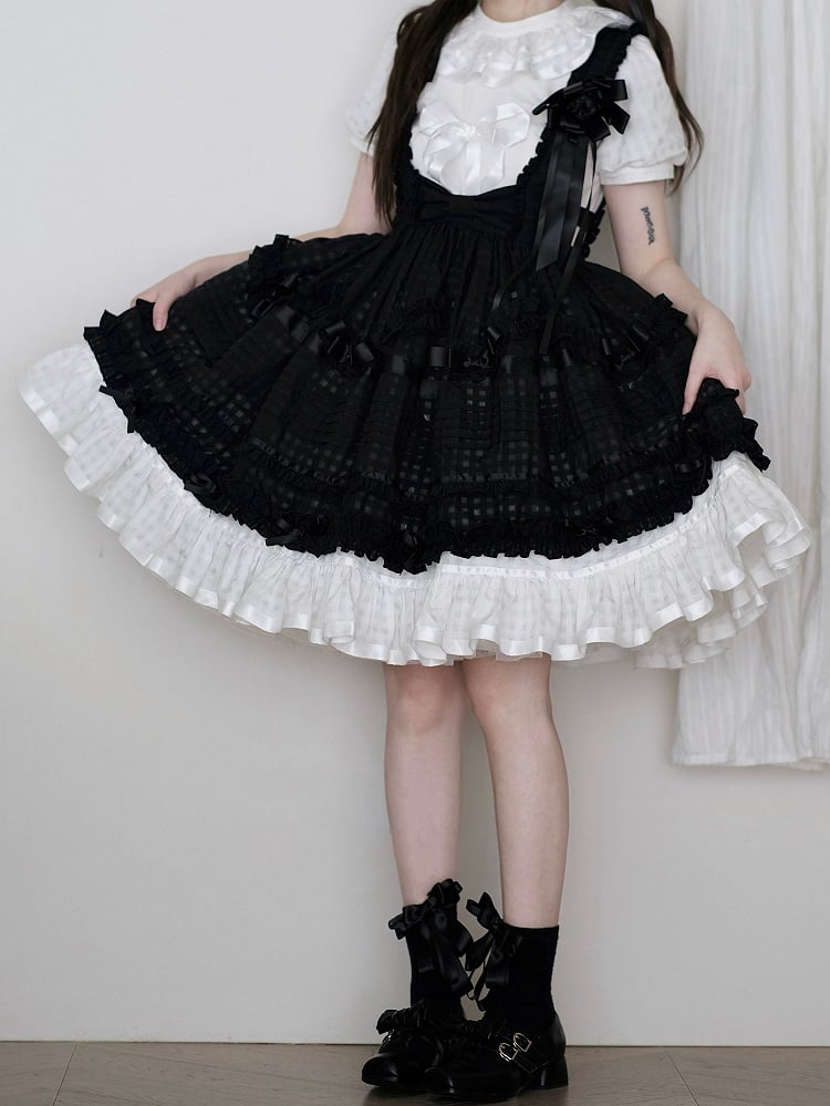 Dark Checkered Multi-Tier Bow Lolita Jumperdress