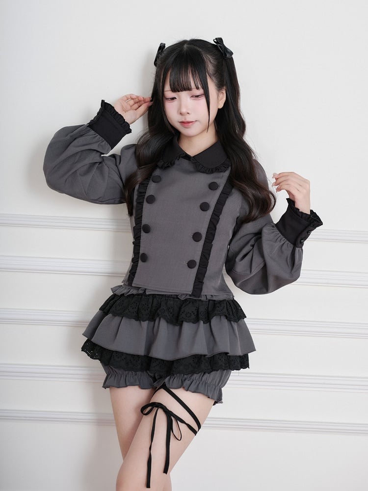 Black & Gray Jirai-Kei Peter Pan Collar Long-Sleeve Top, Double-Breasted & Ruffled - No Genki