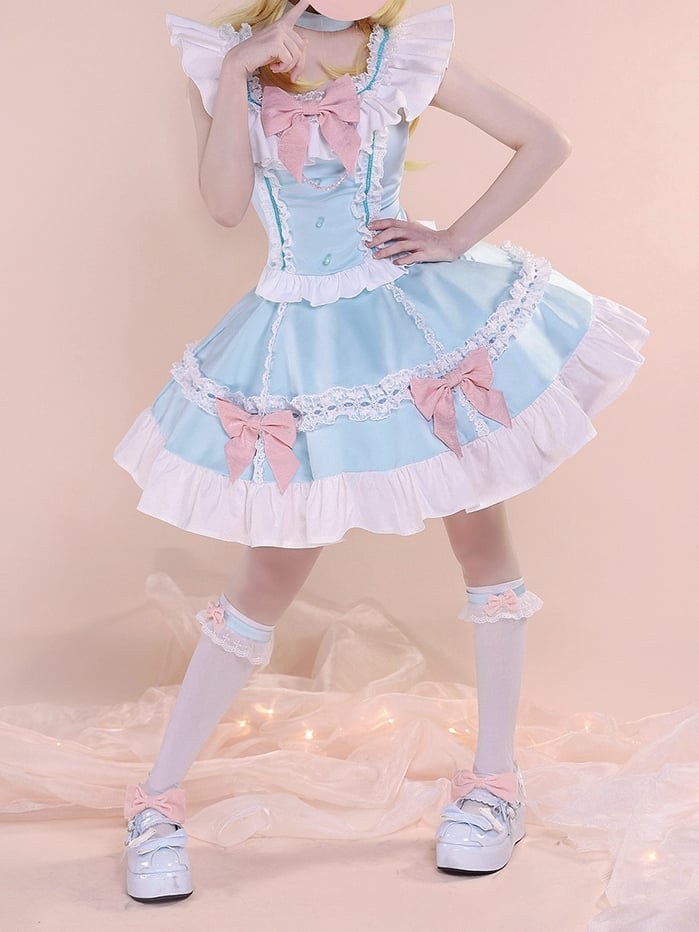 Blaues und rosa Bowknots Top Rock Cosplay Kostüm