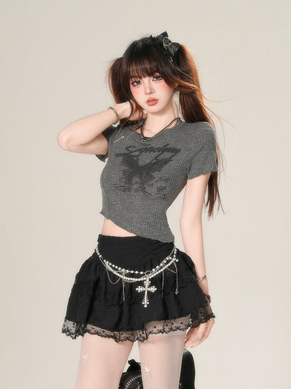 Letter Print Glamourous T-Shirt - Gray Bittersweet Crop Dark Butterfly