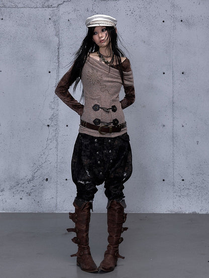 - Elastic Harem Cropped Partial Wasteland with Distressed Punk Waistband Design Jeans Black