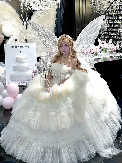 Ruffled Bow Accent with Details Layered Lolita and Tulle Hime White Dress