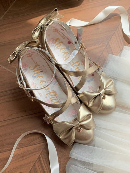 Top Bow at Sweet Starry Golden High-heel Lolita Shoes Buckles