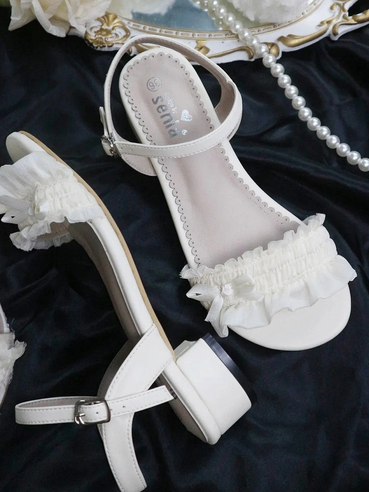 Mid-heel Ruffled Lolita Sandals Top Beige Elegant Bow Accent