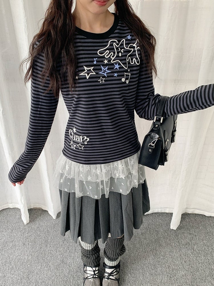 Two Tone Striped Crew Neck Lace Trim Star Top - Solkatt