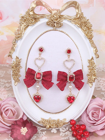 Bowknot Trim Earrings Rhinestone Red Heart Jirai Ruffle Kei