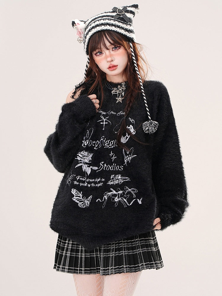 Apricot/Black Butterflies and Bows Cutout Shoulder Mohair Soft Sweater