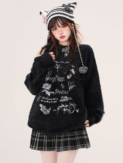 Apricot/Black Butterflies and Bows Cutout Shoulder Mohair Soft Sweater