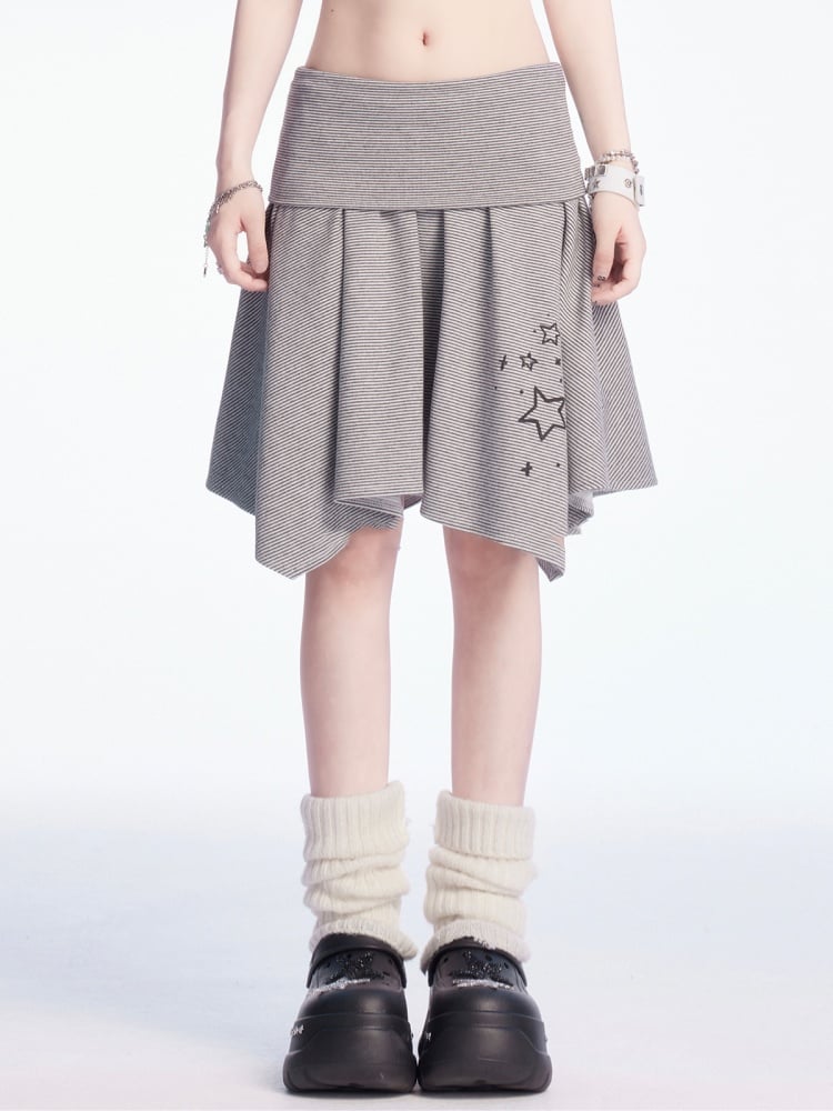 and Waist Asymmetrical Hem Low White Gray Star Print