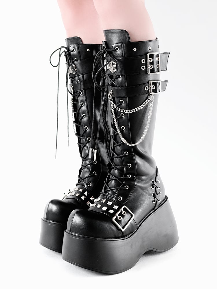 骨型メタルプレート マットブラック パンク ウェッジ プラットフォーム ニーハイブーツ