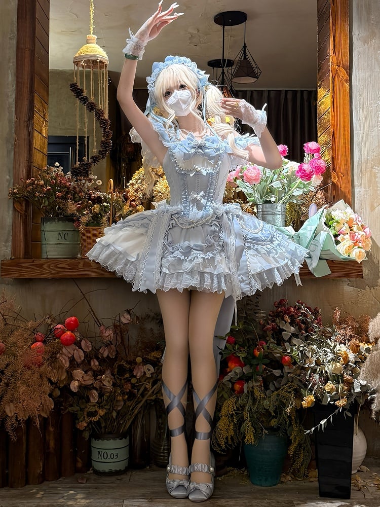 Princess Balletcore Bead Corset Bow Skirt Chains Lolita Jumper Blue Elegant and with Accents
