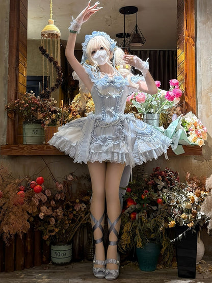 Princess Balletcore Bead Corset Bow Skirt Chains Lolita Jumper Blue Elegant and with Accents