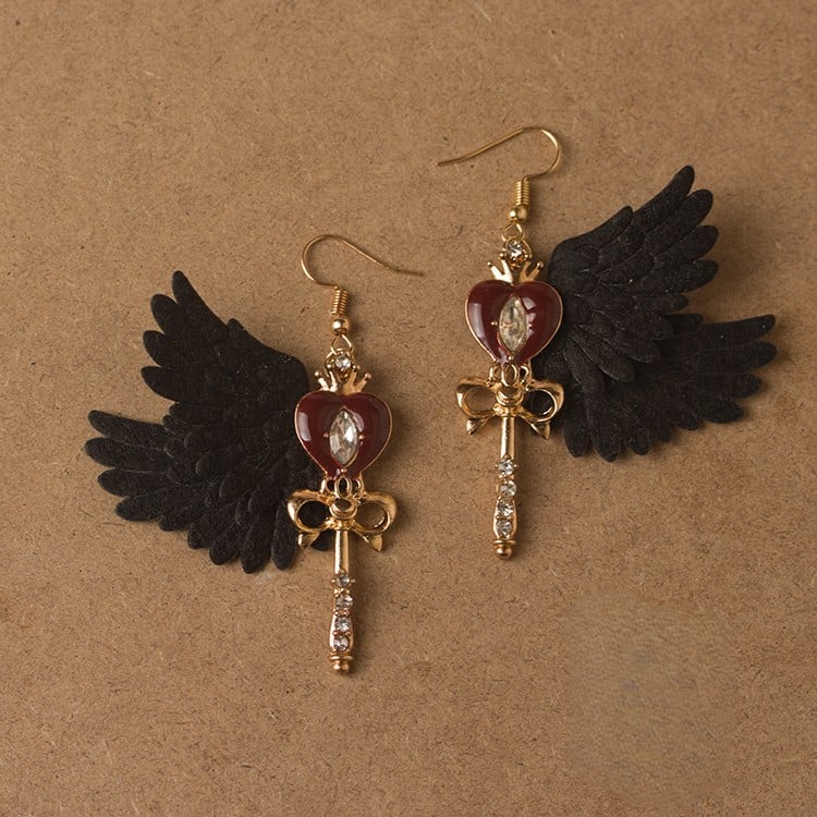 Gothic Heart Wing Key Lolita Earrings