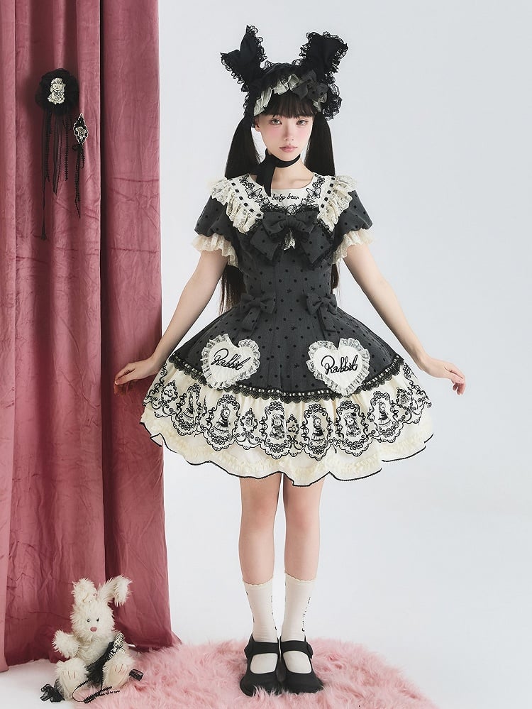 Gray Dot Sweet Lace-Trimmed Pattern Rabbit Dress Appliques with Polka Lolita Sweetheart